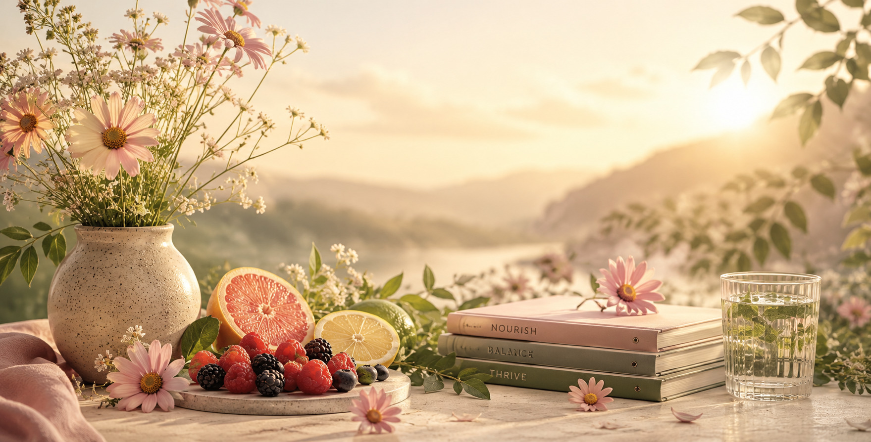 Fresh berries, citrus, wildflowers and wellness books glowing in golden morning light
